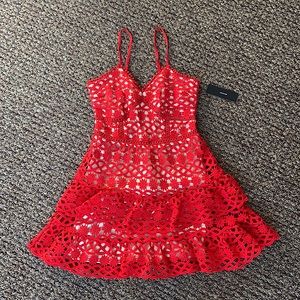 Lulus - Beauty + lace red + nude crochet lace mini dress